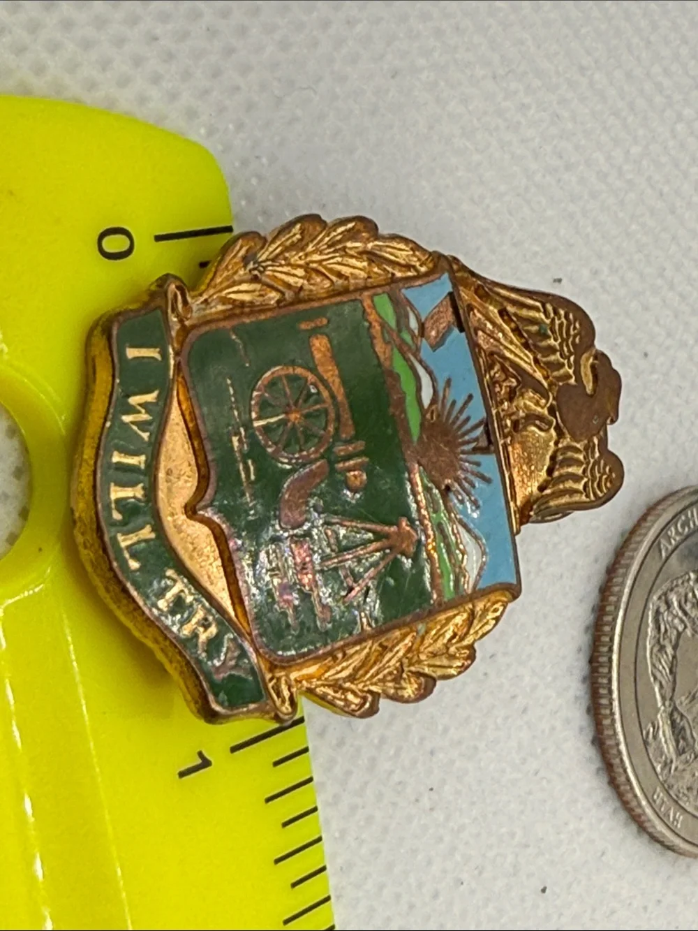 Vintage Enamel Military style Crest Pin eagle Green and Blue Shield enamel